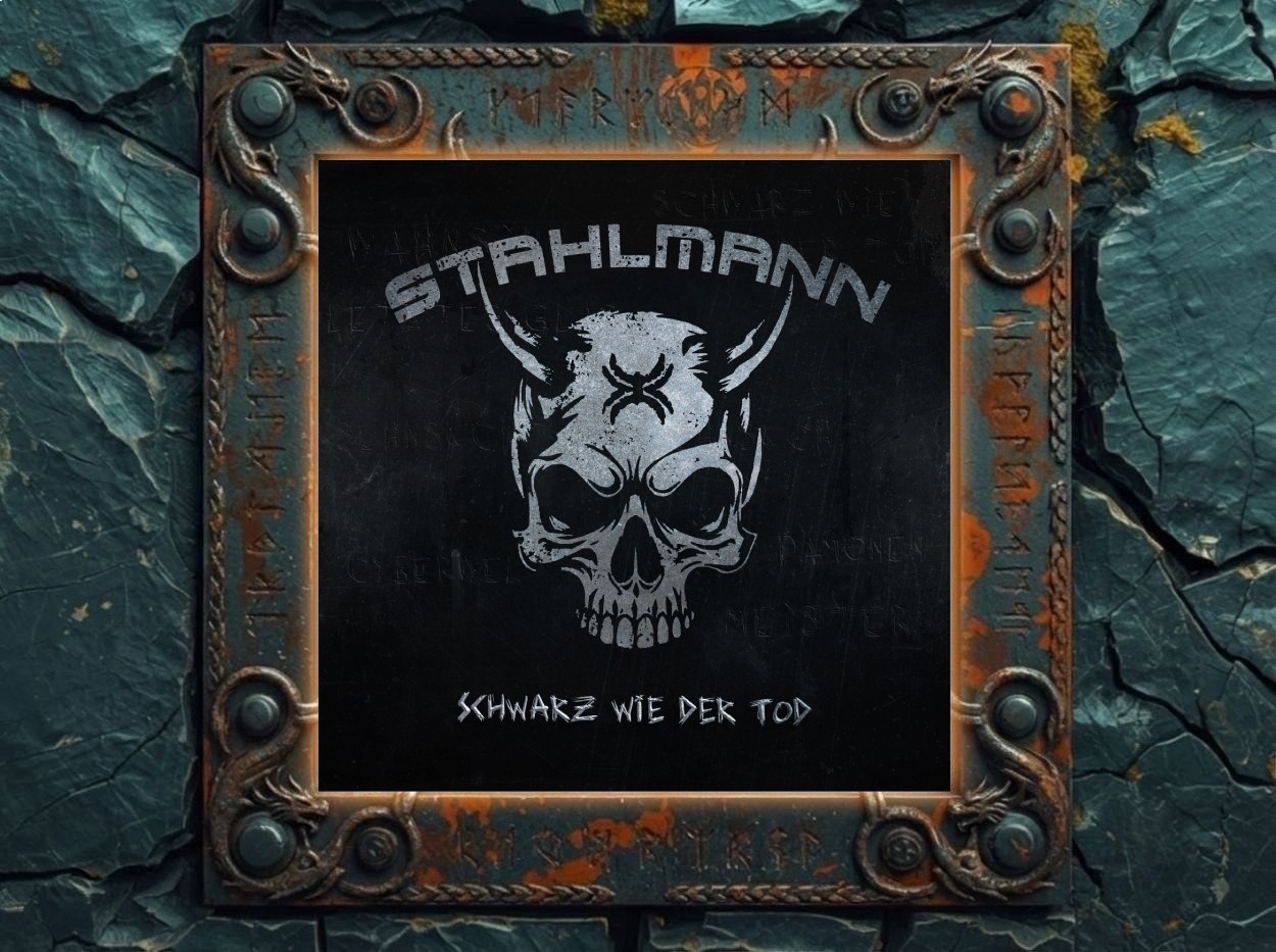Albumcover Stahlmann – Schwarz wie der Tod: Schwarzer, zerkratzter Hintergrund, zentral ein grauer Totenschädel mit Hörnern und einem X Zeichen auf der Stirn, oben der gebogene Schriftzug „STAHLMANN“, unten der Titel „SCHWARZ WIE DER TOD“ in rauer, eingeritzter Optik.