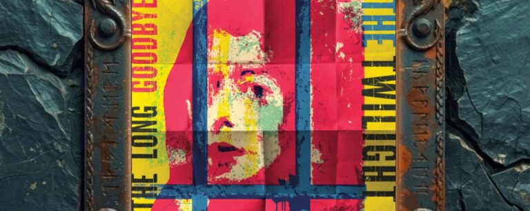 Albumcover von The Twilight Sad – It’s The Long Goodbye: verfremdetes Gesicht hinter blauen Gitterlinien in grellem Gelb, Rosa und Türkis.