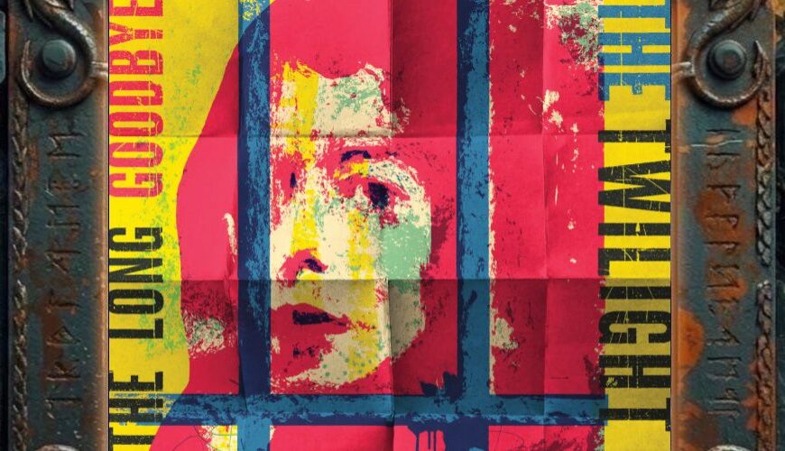 Albumcover von The Twilight Sad – It’s The Long Goodbye: verfremdetes Gesicht hinter blauen Gitterlinien in grellem Gelb, Rosa und Türkis.