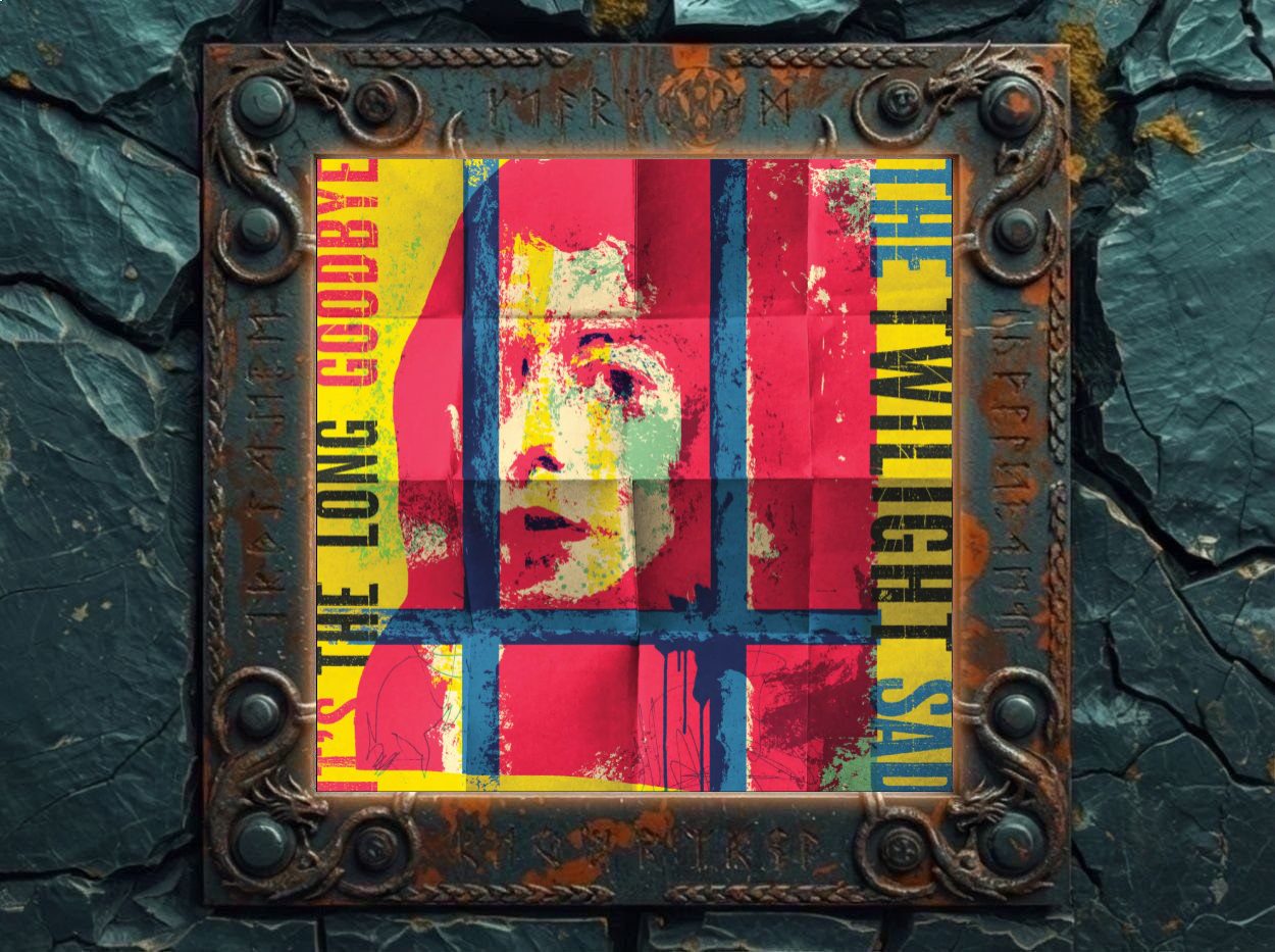 Albumcover von The Twilight Sad – It’s The Long Goodbye: verfremdetes Gesicht hinter blauen Gitterlinien in grellem Gelb, Rosa und Türkis.