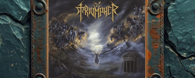 Albumcover Triumpher – Piercing The Heart Of The World: Ein leuchtend goldgehörnter Hirsch steht als dunkle Silhouette im Zentrum eines stürmischen Schlachtfeldes. Links und rechts jagen mythologische Reiterheere aufeinander zu, Schilde, Speere und Schwerter im Anschlag. Unten links der Bug eines antiken Schiffs, unten rechts ein dorischer Tempel. Der Himmel: ein dramatisches Gemisch aus Gold, Grau und Chaos. Oben das goldene Bandlogo in verschnörkeltem Metal-Font, unten der Albumtitel in Kapitälchen.