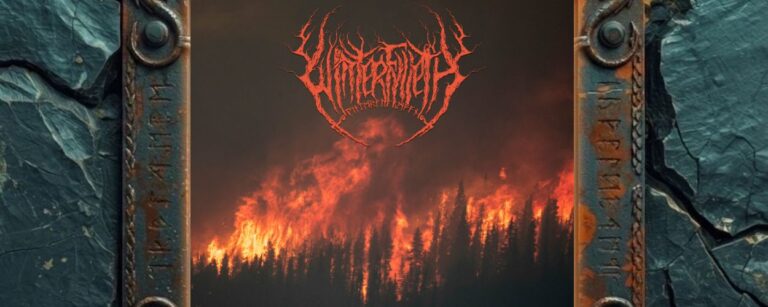 Albumcover von Winterfylleth – The Unyielding Season: dunkler Nadelwald vor orange-rotem Flammenhimmel, darüber das Bandlogo in glühendem Rot.