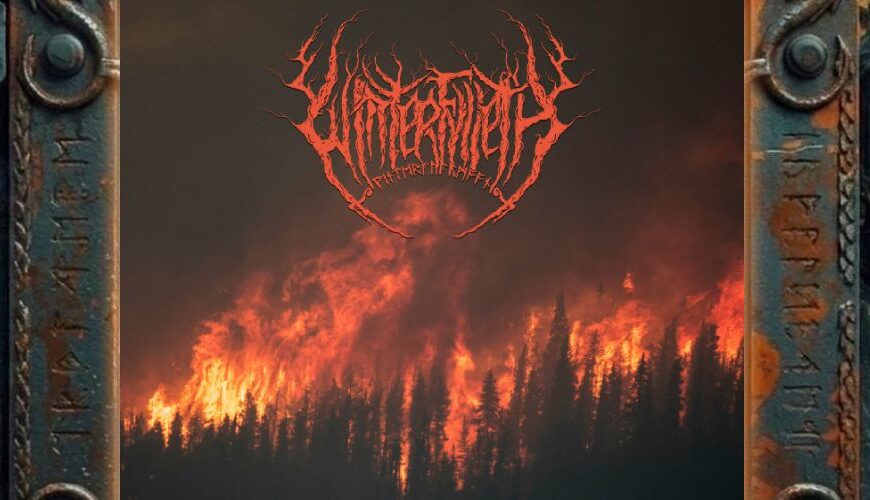 Albumcover von Winterfylleth – The Unyielding Season: dunkler Nadelwald vor orange-rotem Flammenhimmel, darüber das Bandlogo in glühendem Rot.