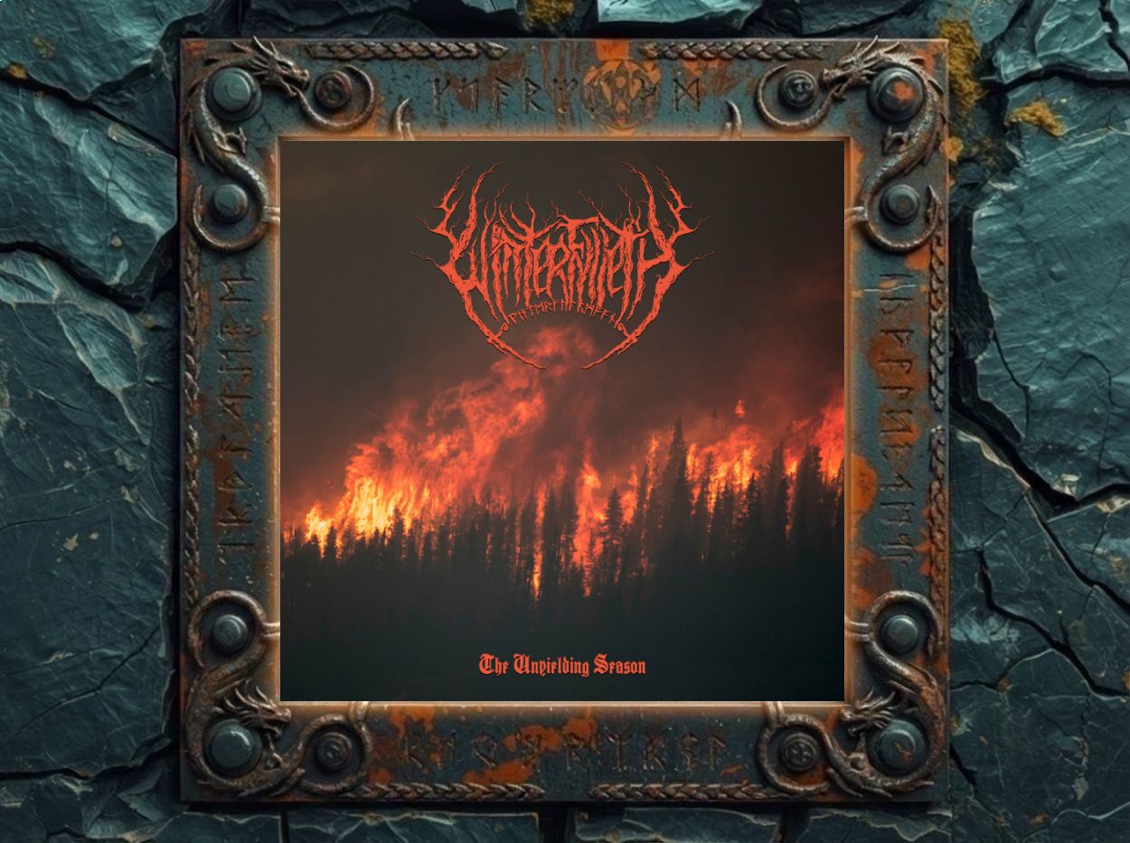 Albumcover von Winterfylleth – The Unyielding Season: dunkler Nadelwald vor orange-rotem Flammenhimmel, darüber das Bandlogo in glühendem Rot.