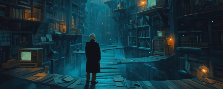 Eine einsame ältere Gestalt steht auf schmalen Holzstegen in einer gewaltigen blauen Archivwelt aus Bücherregalen, alten Bildschirmen und schwebenden Plattformen.