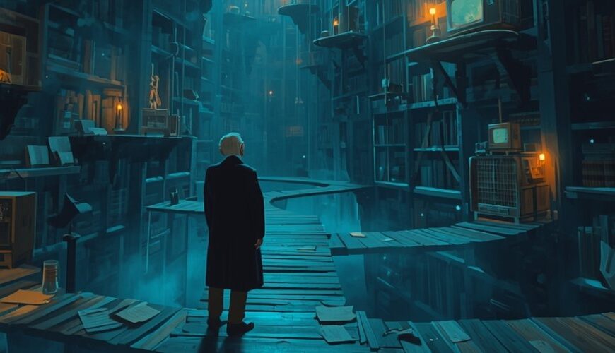 Eine einsame ältere Gestalt steht auf schmalen Holzstegen in einer gewaltigen blauen Archivwelt aus Bücherregalen, alten Bildschirmen und schwebenden Plattformen.