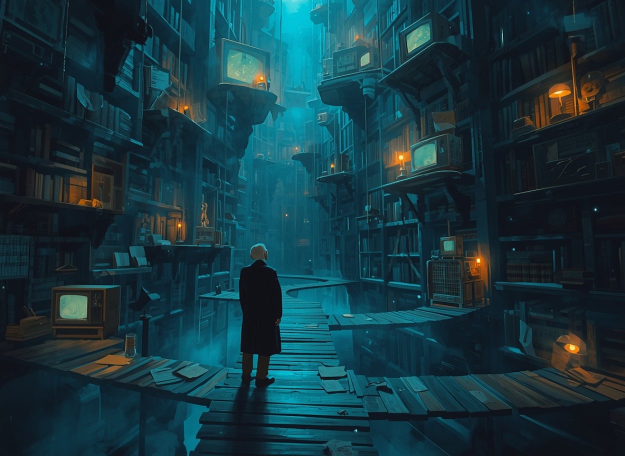 Eine einsame ältere Gestalt steht auf schmalen Holzstegen in einer gewaltigen blauen Archivwelt aus Bücherregalen, alten Bildschirmen und schwebenden Plattformen.