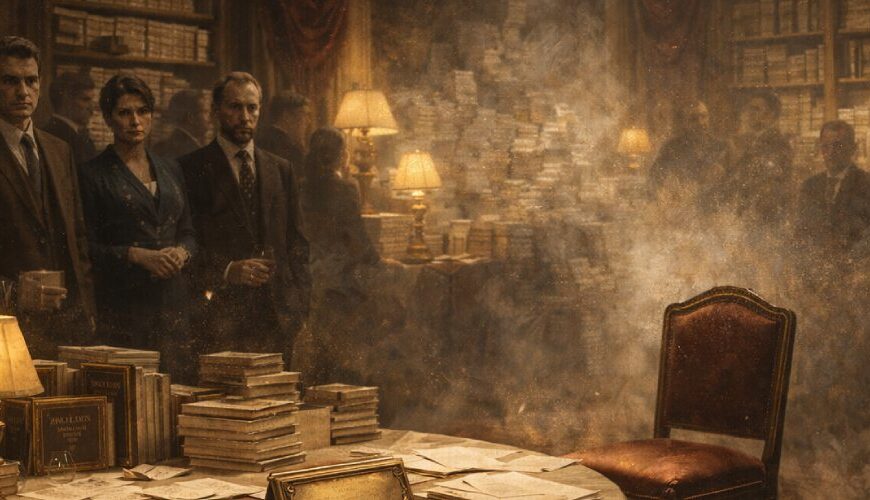 Eleganter Literatur-Salon mit rundem Tisch, Buchstapeln und Papieren: Mehrere ernst blickende Gäste stehen im Halbdunkel, während ein einzelner leerer Stuhl im nebligen Zentrum der Szene auffällt.