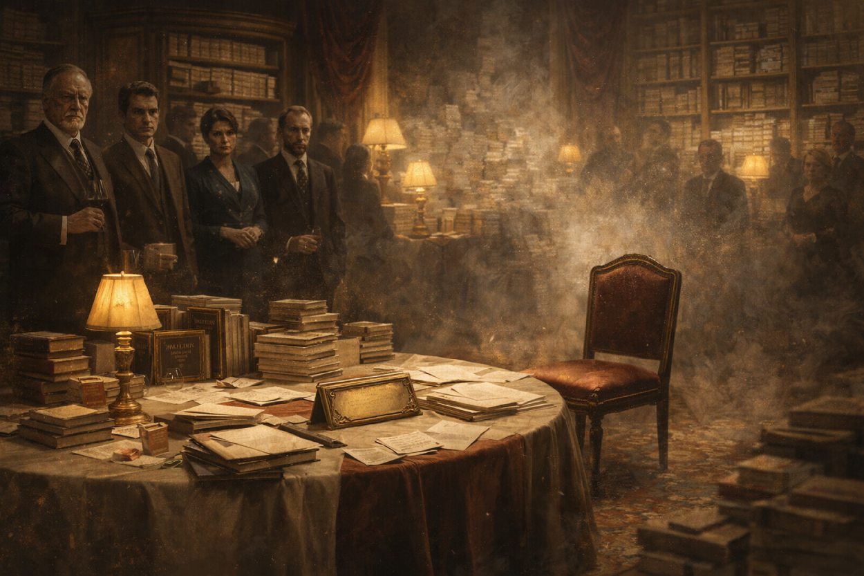 Eleganter Literatur-Salon mit rundem Tisch, Buchstapeln und Papieren: Mehrere ernst blickende Gäste stehen im Halbdunkel, während ein einzelner leerer Stuhl im nebligen Zentrum der Szene auffällt.
