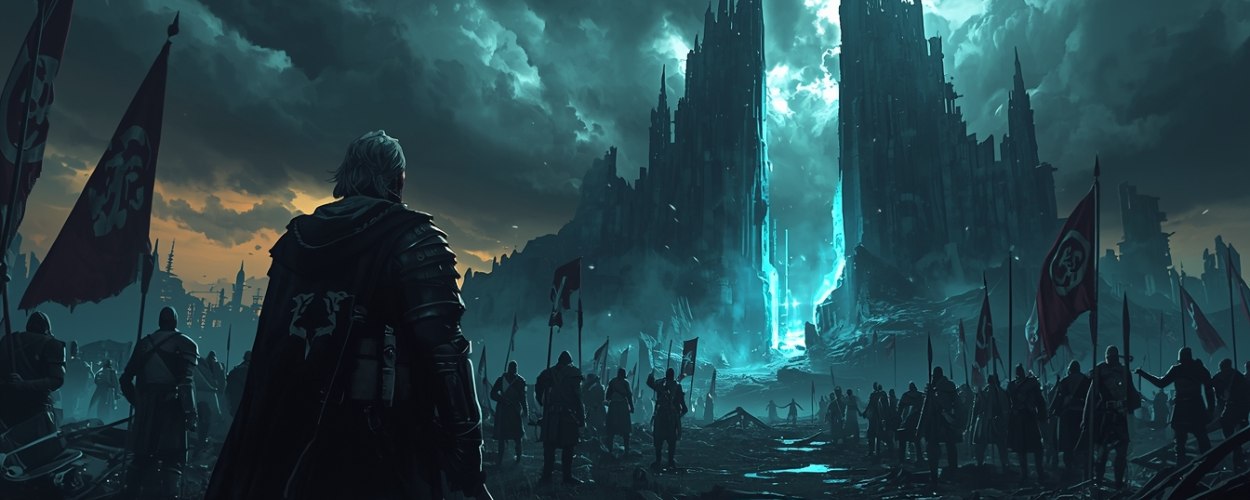 Düstere Dark-Fantasy-Taktikszene zu Annulus mit Söldnertrupp, Stahl und unheilvollem Portallicht.