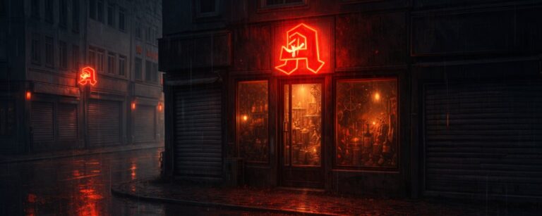Geschlossene Apotheke in einer dunklen deutschen Straße bei Regen, darüber ein rot leuchtendes Apothekenschild wie eine magische Rune, inszeniert als düsteres Fantasy-Bild zum bundesweiten Apothekenstreik.