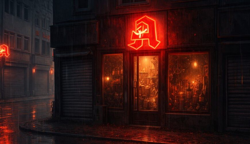 Geschlossene Apotheke in einer dunklen deutschen Straße bei Regen, darüber ein rot leuchtendes Apothekenschild wie eine magische Rune, inszeniert als düsteres Fantasy-Bild zum bundesweiten Apothekenstreik.