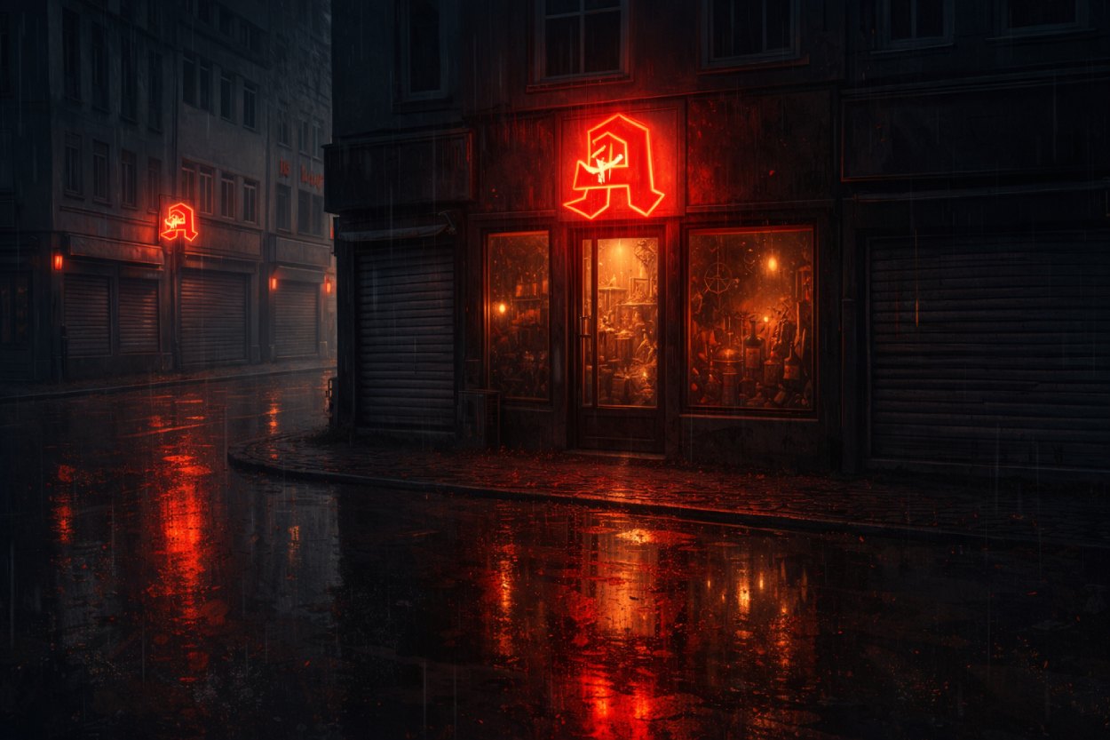 Geschlossene Apotheke in einer dunklen deutschen Straße bei Regen, darüber ein rot leuchtendes Apothekenschild wie eine magische Rune, inszeniert als düsteres Fantasy-Bild zum bundesweiten Apothekenstreik.