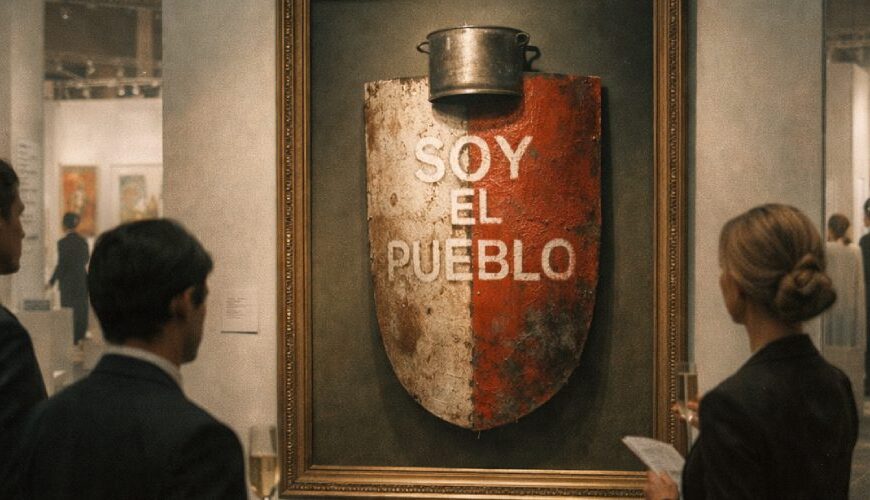 Elegante Kunstmesse mit Sammlern und Galeriewänden: Ein protestartiges Schild hängt wie ein kostbares Ausstellungsstück im Mittelpunkt, während Besucher es in ruhiger Messeatmosphäre betrachten.