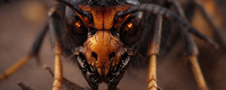 Extreme Makroaufnahme einer dämonisch verfremdeten Hornisse im Frontalblick auf einem Ast. Das Tier hat ein orangebraunes, schädelartig wirkendes Gesicht, dunkle glänzende Facettenaugen mit glühendem Schimmer, kleine hornartige Auswüchse auf der Stirn und schwarze Mandibeln. Die Szene wirkt wie hochrealistische Naturfotografie mit düsterer Fantasy-Anmutung.