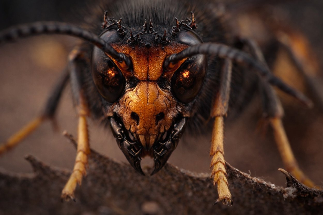 Extreme Makroaufnahme einer dämonisch verfremdeten Hornisse im Frontalblick auf einem Ast. Das Tier hat ein orangebraunes, schädelartig wirkendes Gesicht, dunkle glänzende Facettenaugen mit glühendem Schimmer, kleine hornartige Auswüchse auf der Stirn und schwarze Mandibeln. Die Szene wirkt wie hochrealistische Naturfotografie mit düsterer Fantasy-Anmutung.