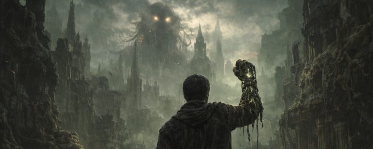 ASTHENIA: Ein Mann hebt einen urzeitlichen Gauntlet in einer verfallenen, von Krankheit befallenen Stadt, während im Himmel eine kosmische Entität droht.