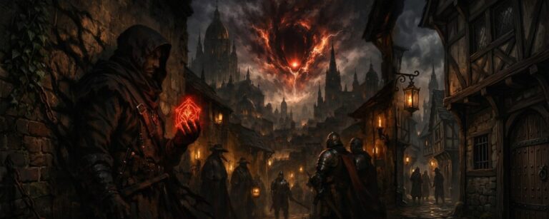 Axis Saga zeigt eine düstere Renaissance-Fantasywelt für D&D 5E mit Portalhorror, Fluchstimmung und finsterer Stadtkulisse.