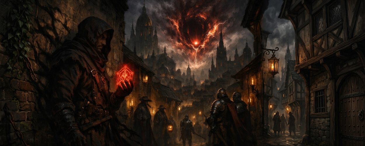 Axis Saga zeigt eine düstere Renaissance-Fantasywelt für D&D 5E mit Portalhorror, Fluchstimmung und finsterer Stadtkulisse.