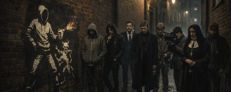 Düstere nächtliche Gasse mit nassem Kopfsteinpflaster und einem frischen Schablonen-Graffiti an einer Backsteinwand. Daneben steht eine Gruppe sehr unterschiedlicher, verdächtiger Figuren – darunter ein Hoodie-Träger, ein Mann im Anzug, ein maskenhafter Gestalt, ein Kameramann und eine schwarz gekleidete Frau – wie mögliche Identitäten hinter dem anonymen Street-Art-Phänomen.