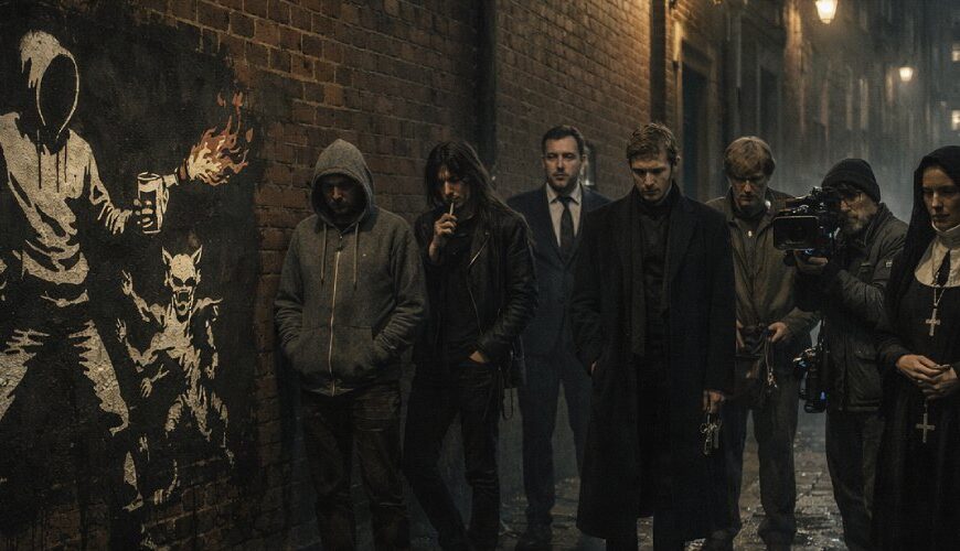 Düstere nächtliche Gasse mit nassem Kopfsteinpflaster und einem frischen Schablonen-Graffiti an einer Backsteinwand. Daneben steht eine Gruppe sehr unterschiedlicher, verdächtiger Figuren – darunter ein Hoodie-Träger, ein Mann im Anzug, ein maskenhafter Gestalt, ein Kameramann und eine schwarz gekleidete Frau – wie mögliche Identitäten hinter dem anonymen Street-Art-Phänomen.