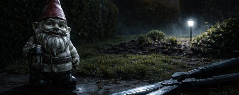 Unheimlicher Gartenzwerg steht nachts im Vorgarten neben einer großen Heckenschere, im beleuchteten Fenster dahinter die Silhouette des Besitzers, Nebel und Gartenleuchte.