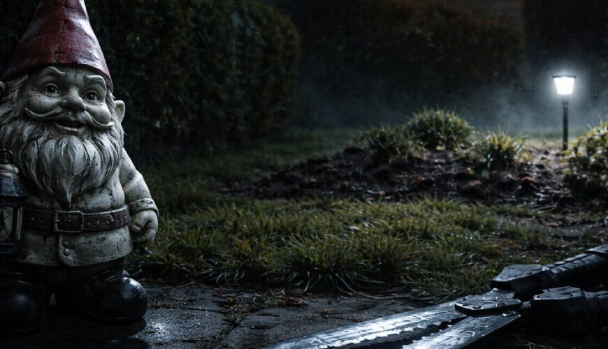 Unheimlicher Gartenzwerg steht nachts im Vorgarten neben einer großen Heckenschere, im beleuchteten Fenster dahinter die Silhouette des Besitzers, Nebel und Gartenleuchte.