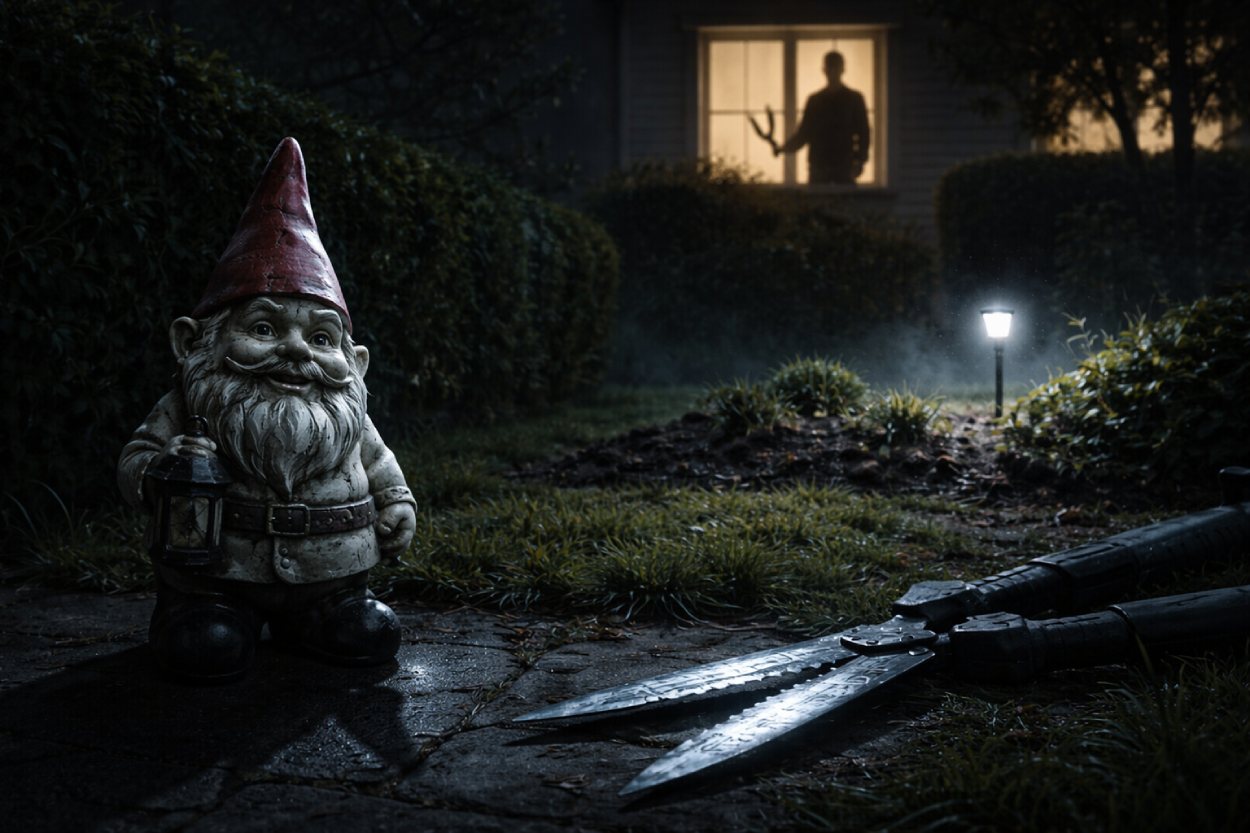 Unheimlicher Gartenzwerg steht nachts im Vorgarten neben einer großen Heckenschere, im beleuchteten Fenster dahinter die Silhouette des Besitzers, Nebel und Gartenleuchte.