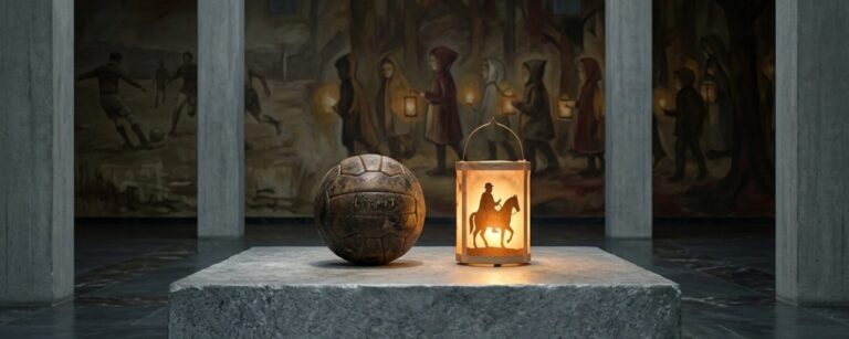 Ein alter Fußball und eine leuchtende Martinslaterne stehen auf einem steinernen Sockel in einer strengen Halle, dahinter Wandbilder von Kindern beim Laternenzug und beim Kicken.