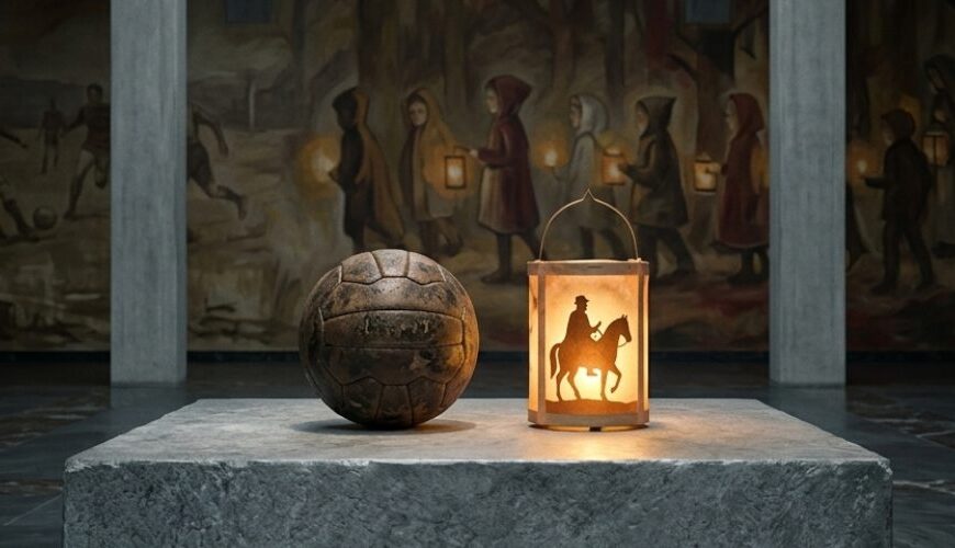 Ein alter Fußball und eine leuchtende Martinslaterne stehen auf einem steinernen Sockel in einer strengen Halle, dahinter Wandbilder von Kindern beim Laternenzug und beim Kicken.
