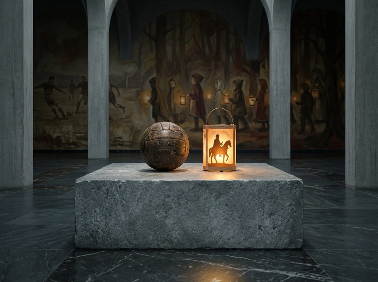 Ein alter Fußball und eine leuchtende Martinslaterne stehen auf einem steinernen Sockel in einer strengen Halle, dahinter Wandbilder von Kindern beim Laternenzug und beim Kicken.