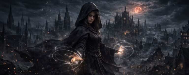 Düstere Fantasy-Heldin über einer aschebedeckten Stadt als Sinnbild für Brandon Sandersons Mistborn-Verfilmung.