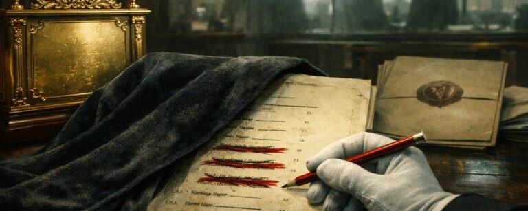 Düsteres Amtszimmer mit Bücherregalen: Eine behandschuhte Hand streicht mit rotem Stift mehrere Namen auf einer Liste, daneben liegen ein versiegeltes Dossier und eine goldene Plakette, im Hintergrund Silhouetten hinter Glas.