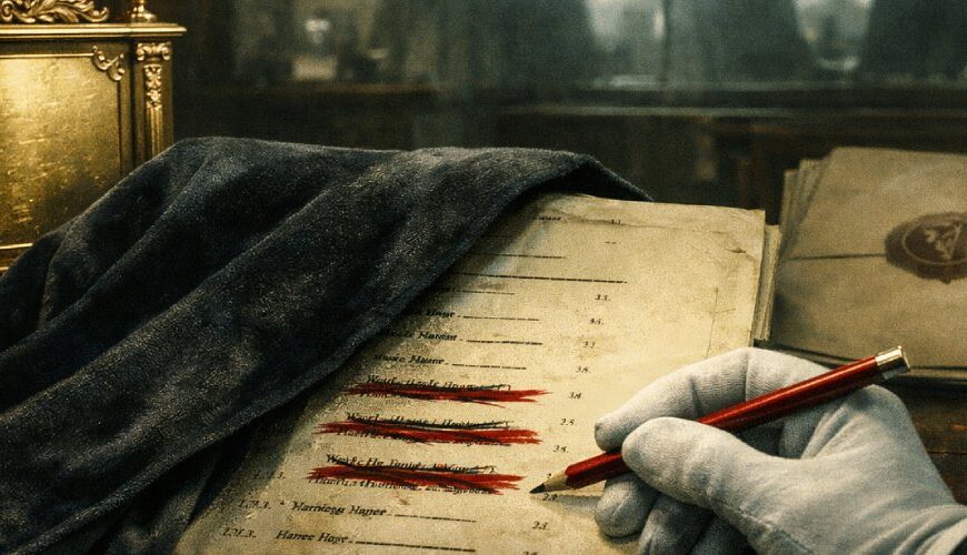 Düsteres Amtszimmer mit Bücherregalen: Eine behandschuhte Hand streicht mit rotem Stift mehrere Namen auf einer Liste, daneben liegen ein versiegeltes Dossier und eine goldene Plakette, im Hintergrund Silhouetten hinter Glas.