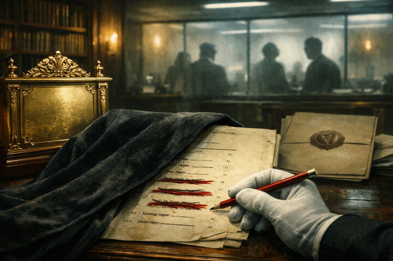 Düsteres Amtszimmer mit Bücherregalen: Eine behandschuhte Hand streicht mit rotem Stift mehrere Namen auf einer Liste, daneben liegen ein versiegeltes Dossier und eine goldene Plakette, im Hintergrund Silhouetten hinter Glas.