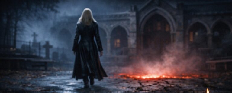 Düstere Fantasy-Szene bei Nacht: Eine blonde Jägerin geht von hinten durch einen verlassenen Schulhof, während vor ihr ein glühender Höllenschlund aufreißt. Im Vordergrund liegen ein Holzpflock, verstreute Manuskriptseiten, eine Armbrust und brennende Kerzen auf nassem Asphalt.