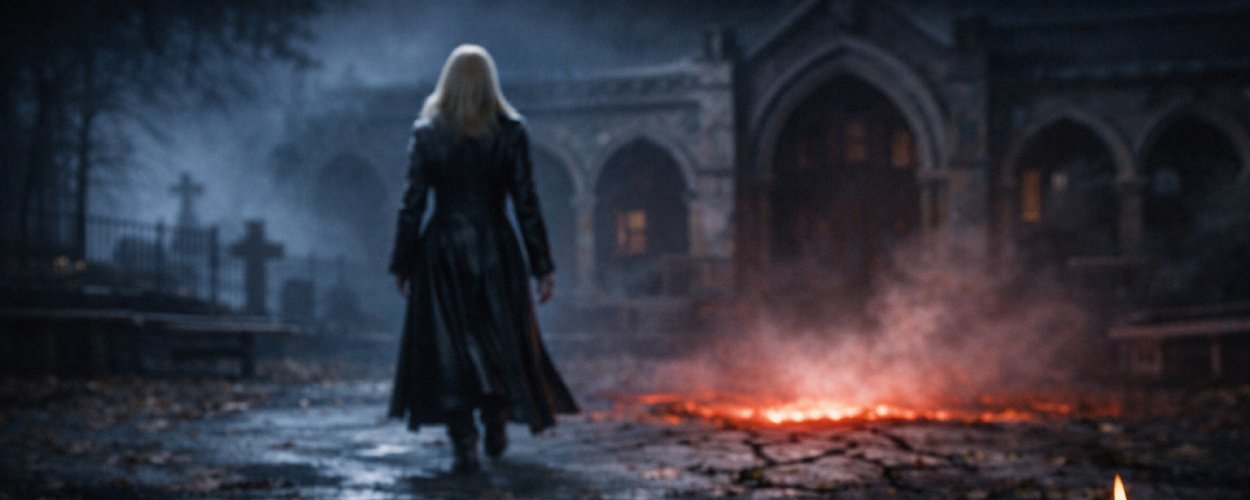 Düstere Fantasy-Szene bei Nacht: Eine blonde Jägerin geht von hinten durch einen verlassenen Schulhof, während vor ihr ein glühender Höllenschlund aufreißt. Im Vordergrund liegen ein Holzpflock, verstreute Manuskriptseiten, eine Armbrust und brennende Kerzen auf nassem Asphalt.