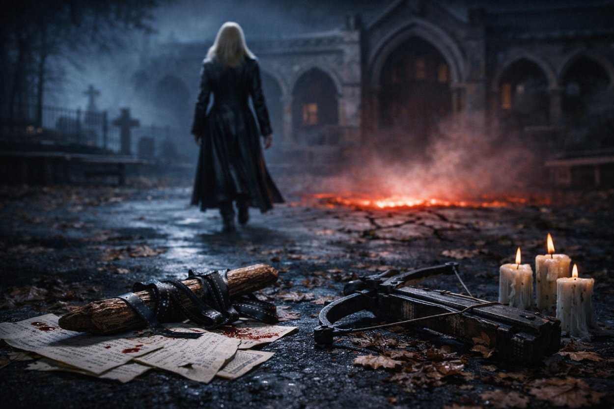 Düstere Fantasy-Szene bei Nacht: Eine blonde Jägerin geht von hinten durch einen verlassenen Schulhof, während vor ihr ein glühender Höllenschlund aufreißt. Im Vordergrund liegen ein Holzpflock, verstreute Manuskriptseiten, eine Armbrust und brennende Kerzen auf nassem Asphalt.