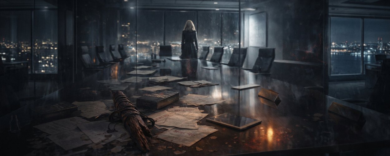 Düstere Fantasy-Redaktionsszene: In einem kalten Konferenzraum liegen ein zerbrochener Holzpflock, verstreute Drehbuchseiten und alte Buffy-Videokassetten auf einem Tisch, während am Fenster eine blonde Jägerin von hinten in die Nacht blickt.