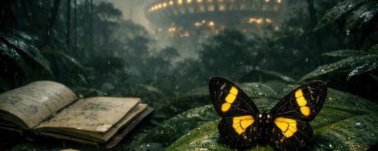 „Schwarz-gelber Schmetterling im Regenwald mit unheimlichen Flügelmustern, wirkt wie ein Zwischenreich-Wesen; neblige, cineastische Fundszene.“