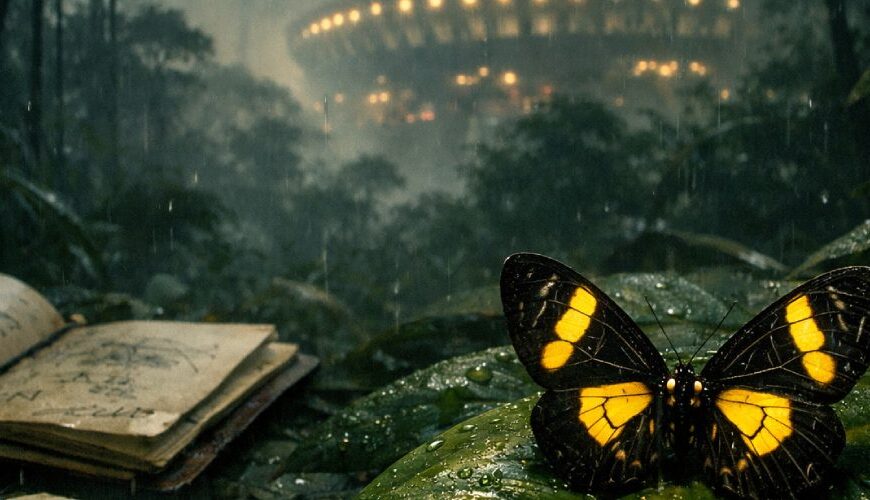 „Schwarz-gelber Schmetterling im Regenwald mit unheimlichen Flügelmustern, wirkt wie ein Zwischenreich-Wesen; neblige, cineastische Fundszene.“
