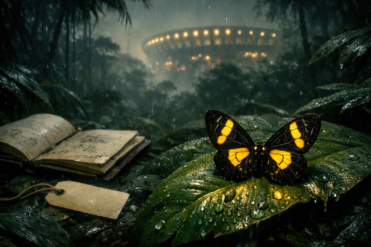 „Schwarz-gelber Schmetterling im Regenwald mit unheimlichen Flügelmustern, wirkt wie ein Zwischenreich-Wesen; neblige, cineastische Fundszene.“