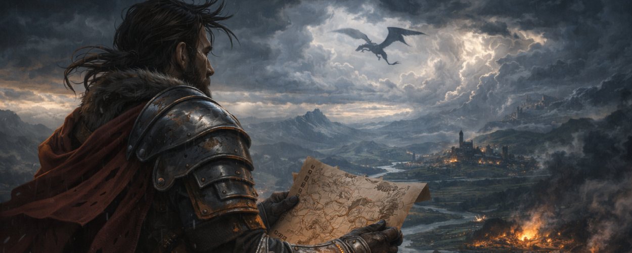 Ein Söldner steht auf einem Felsgrat über einem rot schimmernden Tal, während ein Drache durch Sturmwolken gleitet – episches Motiv zu Crimson Desert.