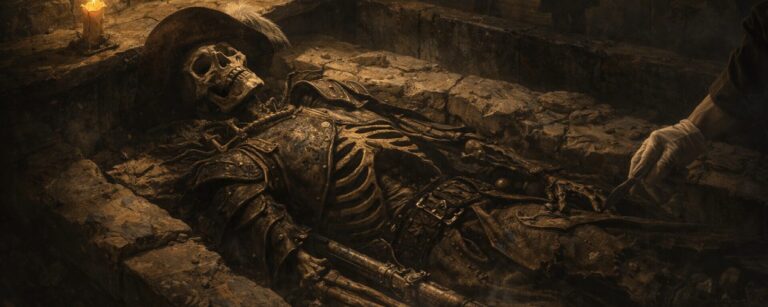 Freigelegtes Skelett eines musketierhaft gekleideten Toten in einer düsteren Krypta, umgeben von Kerzen, Waffe, Münze und geheimnisvollen Untersuchern im Hintergrund.