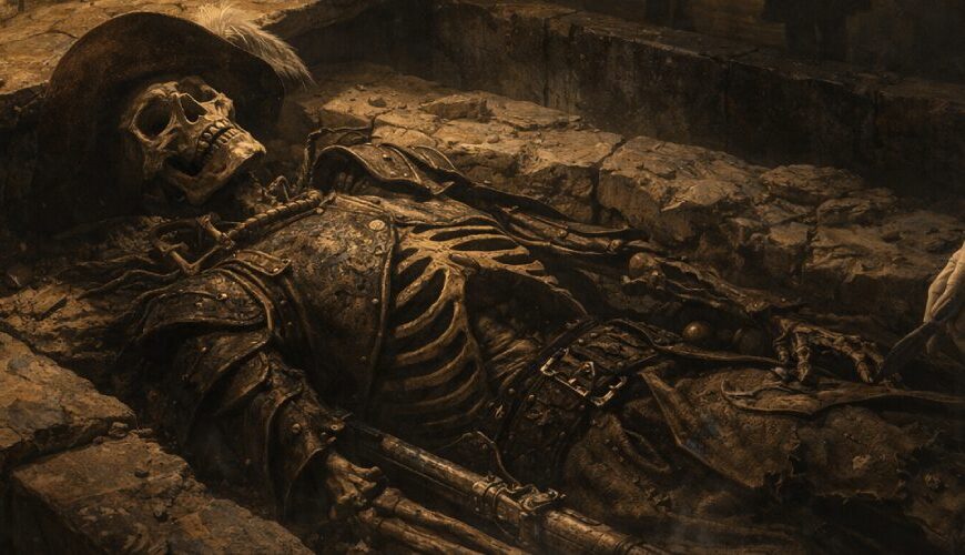 Freigelegtes Skelett eines musketierhaft gekleideten Toten in einer düsteren Krypta, umgeben von Kerzen, Waffe, Münze und geheimnisvollen Untersuchern im Hintergrund.