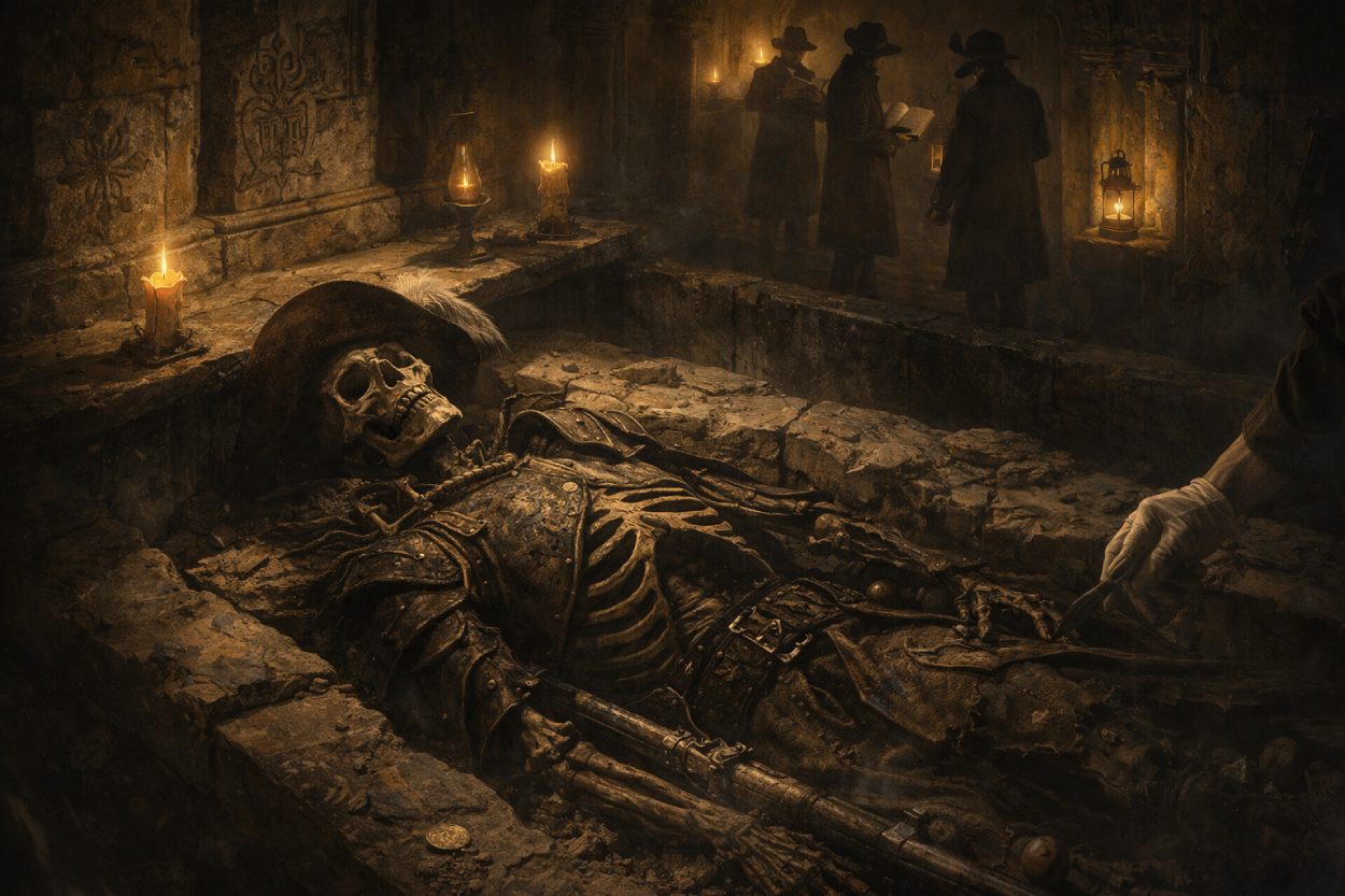 Freigelegtes Skelett eines musketierhaft gekleideten Toten in einer düsteren Krypta, umgeben von Kerzen, Waffe, Münze und geheimnisvollen Untersuchern im Hintergrund.