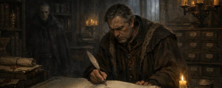 Ein erschöpfter Schreiber sitzt in einem düsteren Registerhaus über einem offenen Namensbuch mit leerer Zeile, während im Hintergrund eine verblasste Gestalt zwischen Regalen wacht.