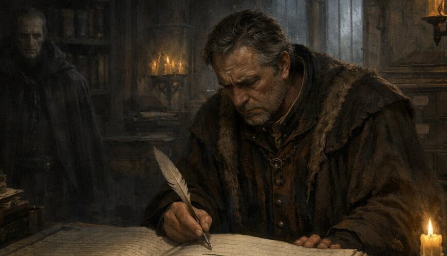 Ein erschöpfter Schreiber sitzt in einem düsteren Registerhaus über einem offenen Namensbuch mit leerer Zeile, während im Hintergrund eine verblasste Gestalt zwischen Regalen wacht.