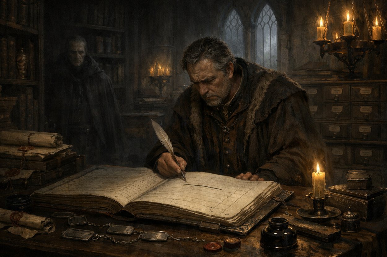 Ein erschöpfter Schreiber sitzt in einem düsteren Registerhaus über einem offenen Namensbuch mit leerer Zeile, während im Hintergrund eine verblasste Gestalt zwischen Regalen wacht.
