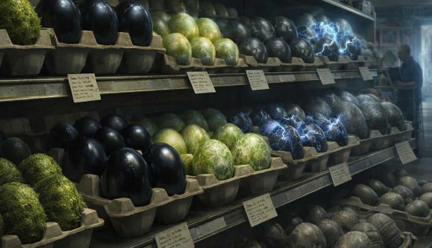 Düsteres Supermarktregal voller seltsamer Eier in Kartons: moosbewachsene grüne Eier, glatte schwarze Eier, marmorierte grünliche Eier und mehrere blau elektrisch aufgeladene Eier; im Hintergrund stehen Kunden vor einem leuchtenden Portal am Ende des Gangs.